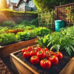 Lush organic vegetable garden with bright orange tomatoes and leafy greens growing in raised beds, surrounded by natural wood fencing and garden tools, demonstrating sustainable home gardening practices