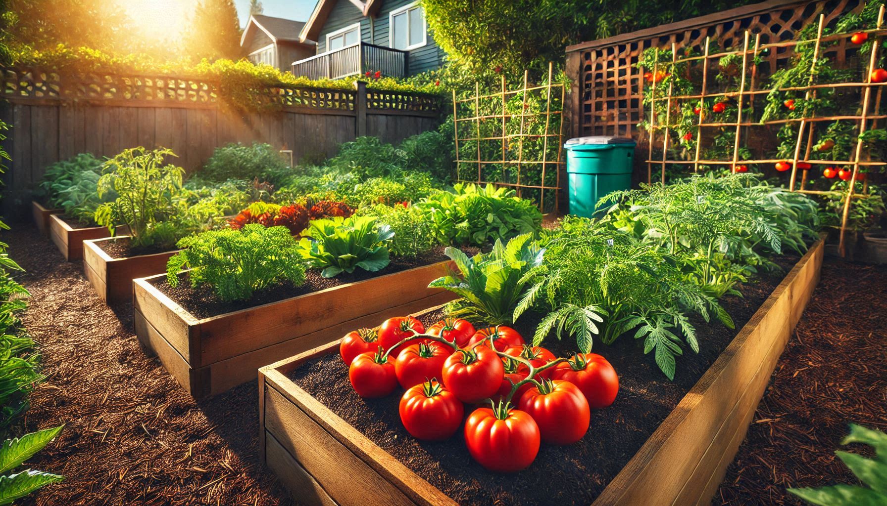 Lush organic vegetable garden with bright orange tomatoes and leafy greens growing in raised beds, surrounded by natural wood fencing and garden tools, demonstrating sustainable home gardening practices